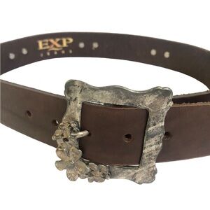 EXP Women’s Dark Brown Leather Belt Pewter Flower Buckle And Accents Size Medium